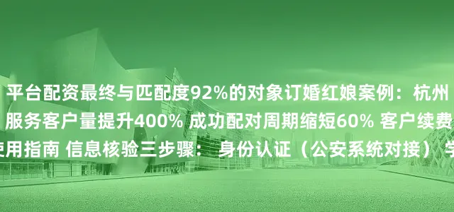 平台配资最终与匹配度92%的对象订婚红娘案例：杭州某工作室使用系统后： 服务客户量提升400% 成功配对周期缩短60% 客户续费率升至85%四、安全使用指南 信息核验三步骤： 身份认证（公安系统对接） 学历验证（学信网接口） 职业认证（钉钉/企业微信认证） 防诈骗守则： 警惕过早涉及财物往来 首次见面选择平台认证场所 善用＂虚拟号码＂功能发布于：广东省